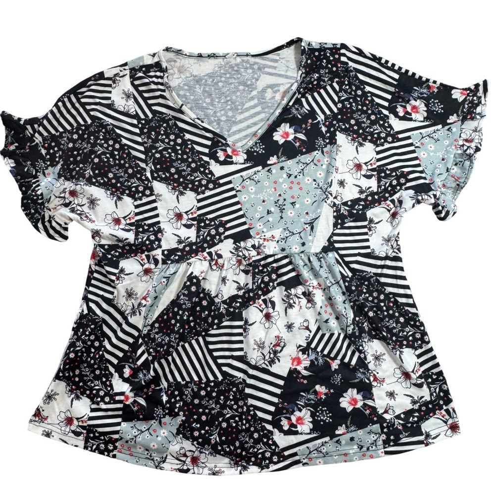 Womens Patchwork Floral Striped Babydoll Top V-Neck Flutter Sleeve Black White M